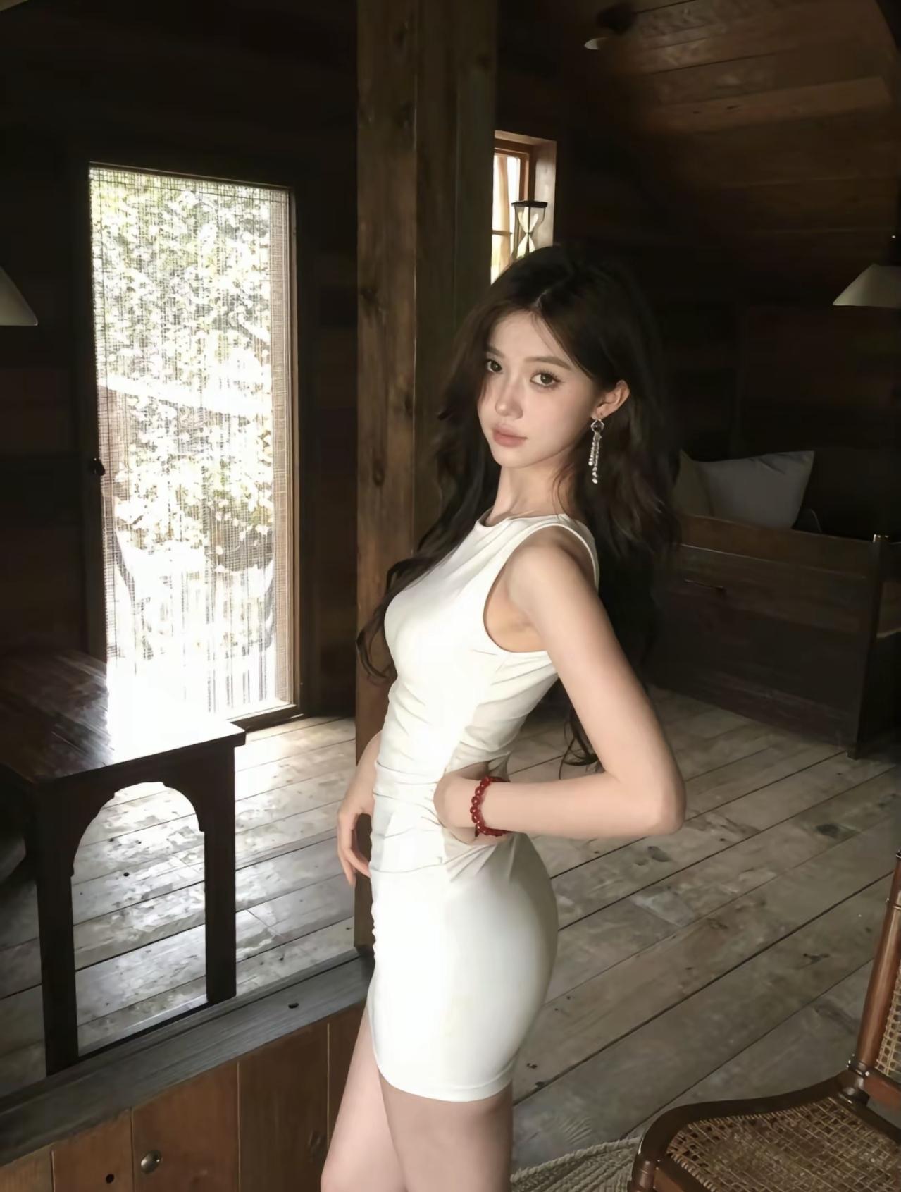 木质空间里的光与影，揉碎了夏日的慵懒，白裙与原木色撞出的温柔，是独属于此刻的松弛