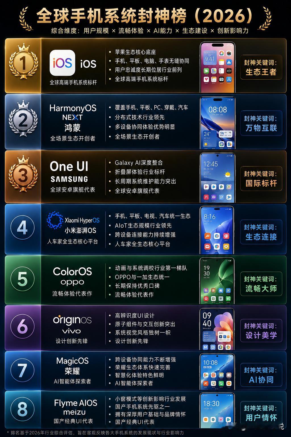 一图看懂2026全球手机系统封神榜！​总有人在争哪个手机系统体验更出色，为此