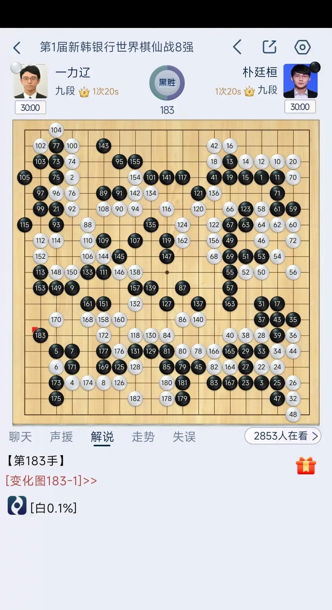 朴廷桓屠龙一力辽！这盘棋127手一力辽突然断错一口气，胜率从55%掉到13