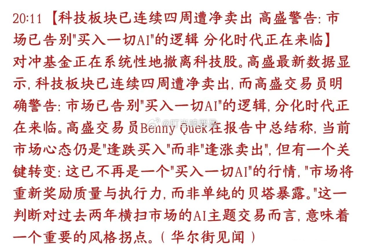 大机构开始提示AI科技股的风险，机构在疯狂减仓高盛提示全球对冲基金连续四个礼拜都