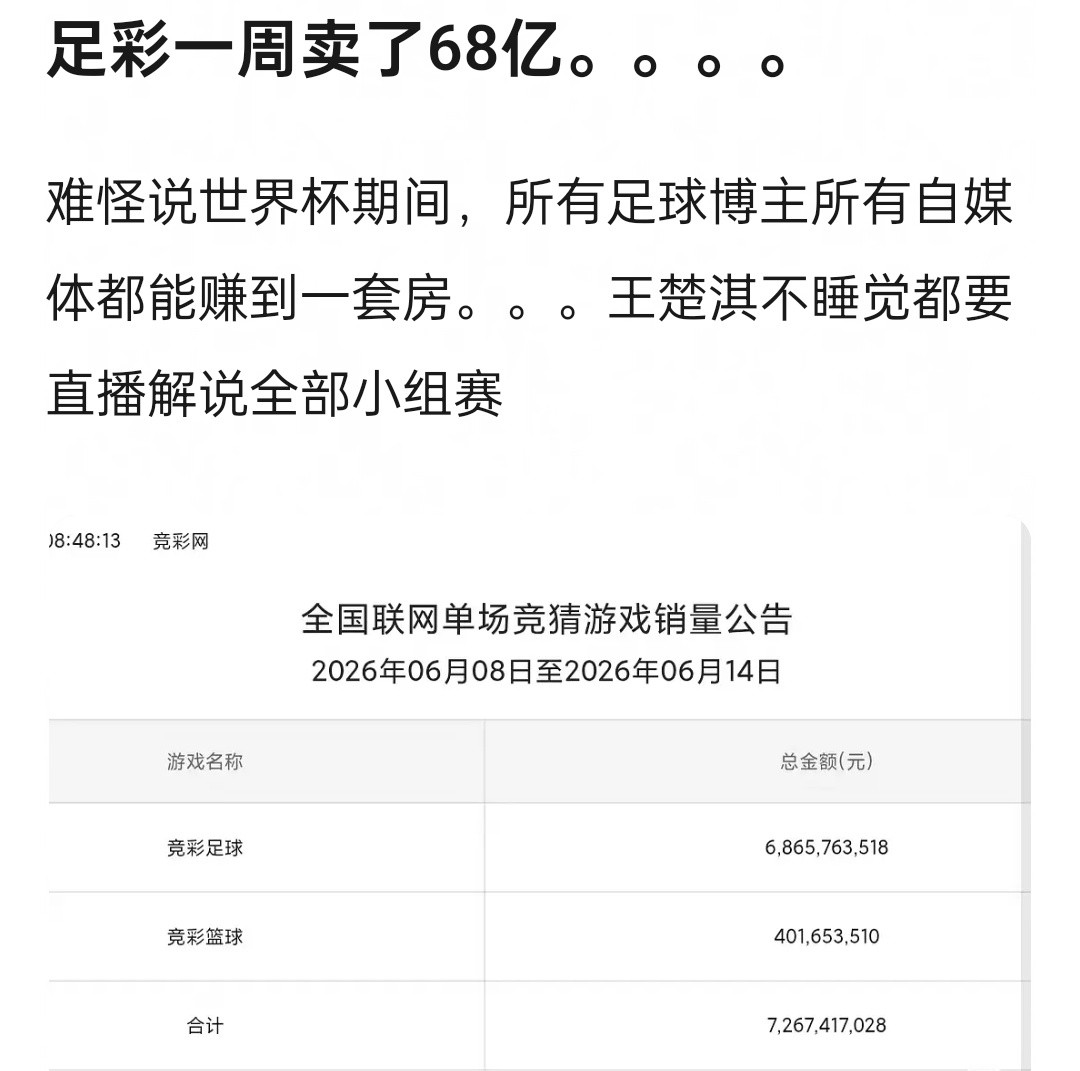 足彩一周卖了68亿？