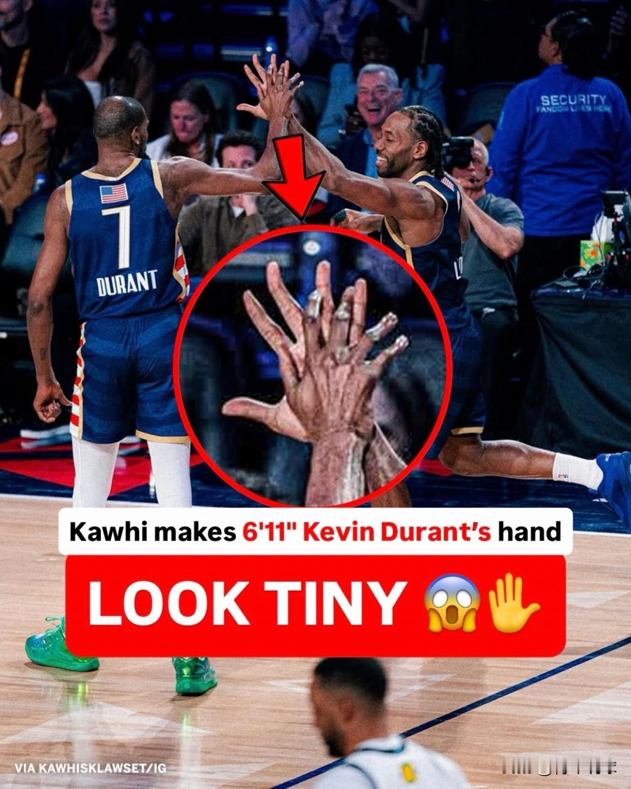 这大手！杜兰特都望尘莫及！今天，美媒晒出了一张昨天全明星正赛杜兰特和伦纳德的