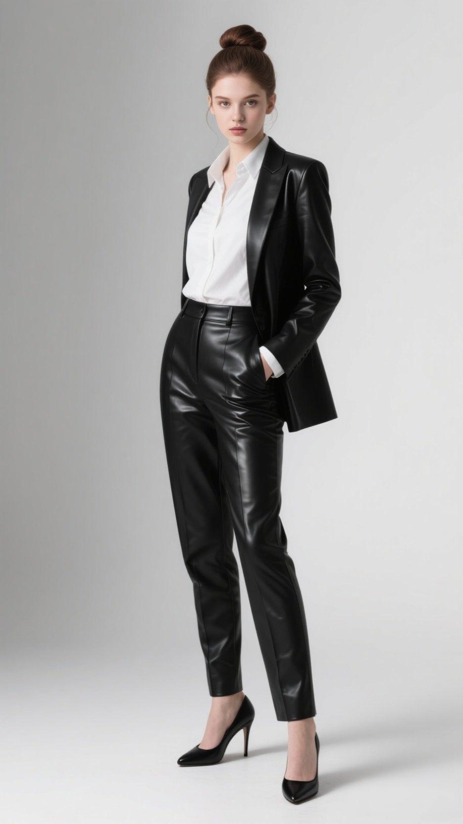 优雅职场风，黑色皮衣搭配白衬衫，尽显干练气质！