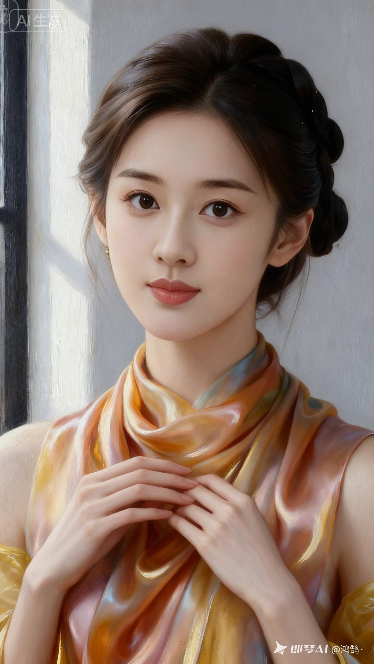 温柔少女，优雅气质，暖色调丝巾，自然光下，唯美画卷。