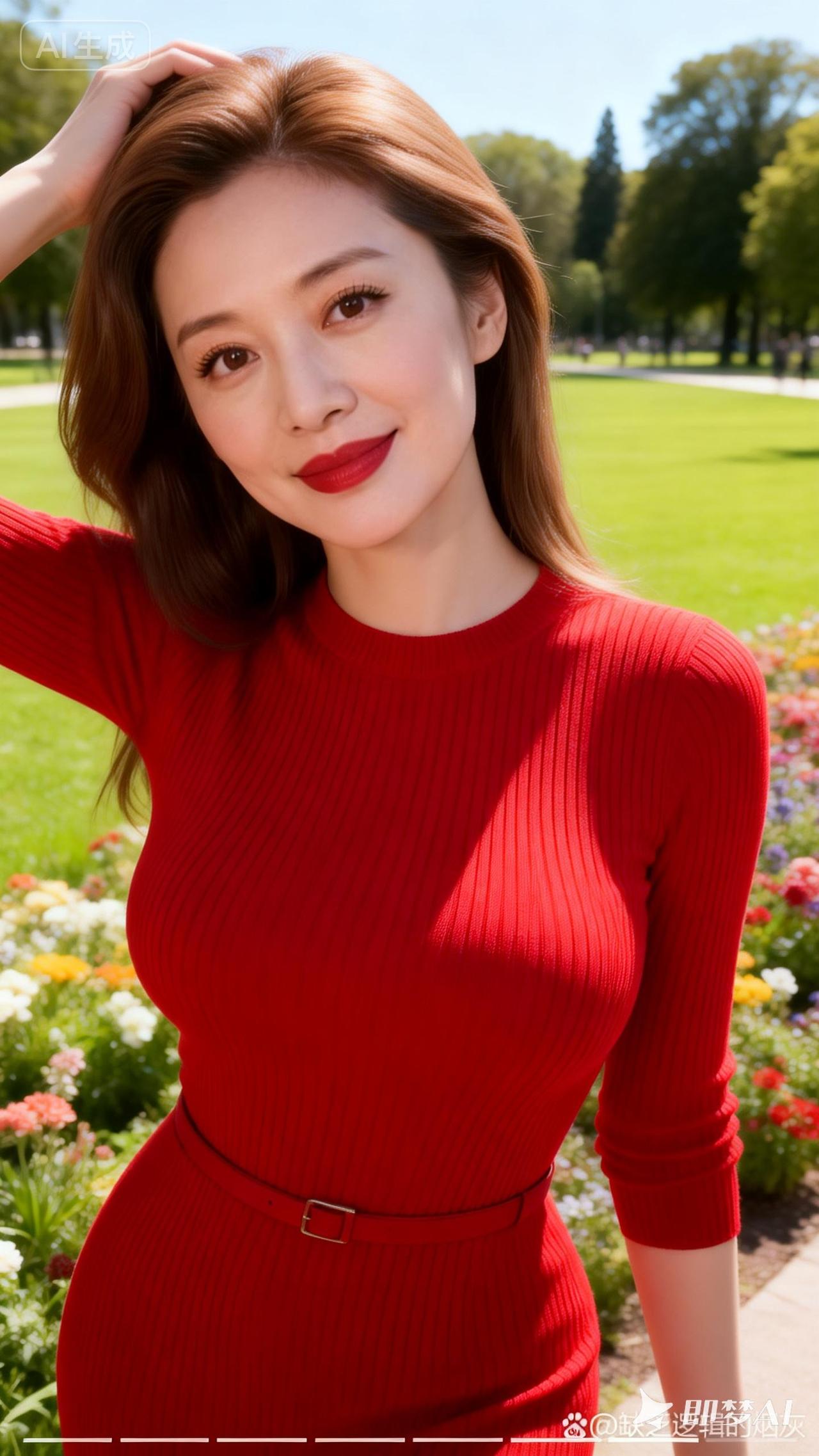 红色针织裙搭配自然绿意，尽显优雅与活力！🍂🌸💃