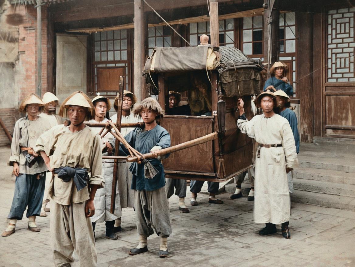 清末，官员日常出行，这顶轿子是清代典型的暖轿，带封闭布帘、顶棚，既能遮风挡雨，又