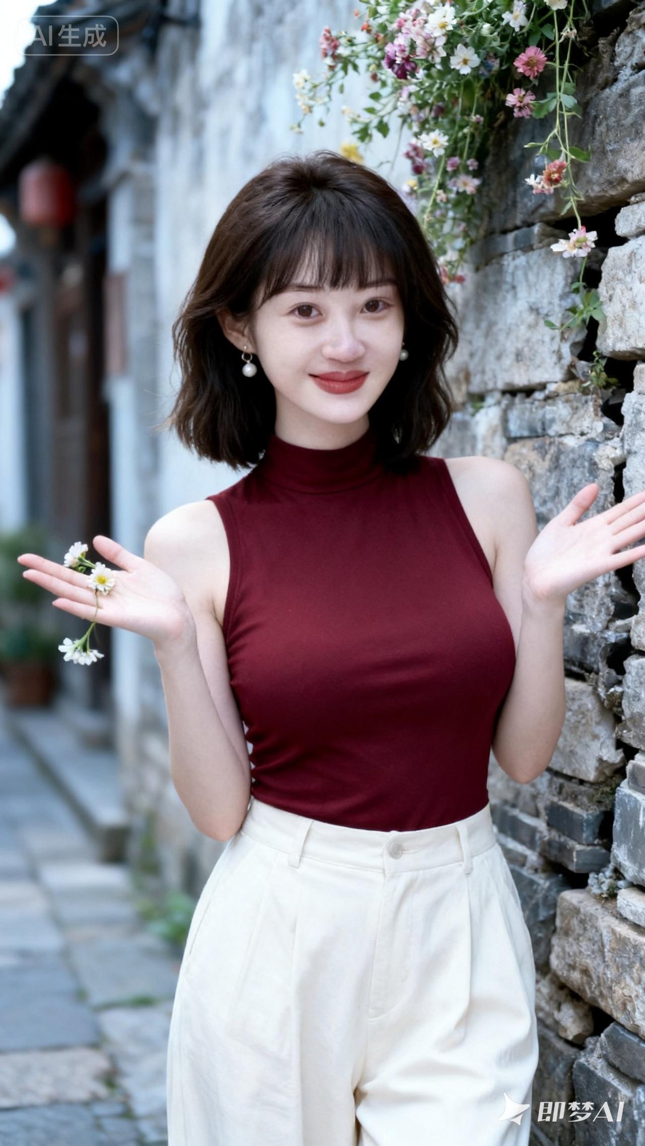 复古街拍，红衣少女与花墙的浪漫邂逅
