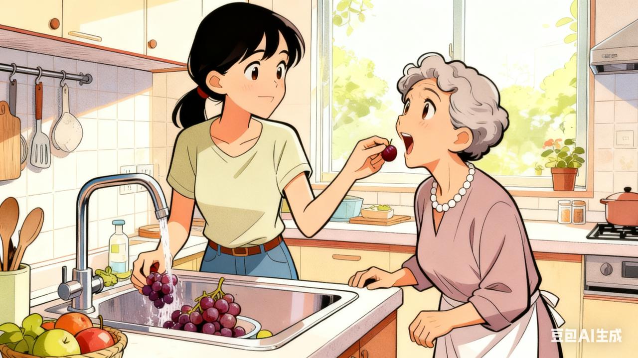 那天我正在厨房忙活，儿媳拎着刚买的葡萄进来洗，擦干手就捏了一颗往我嘴里塞：“妈，