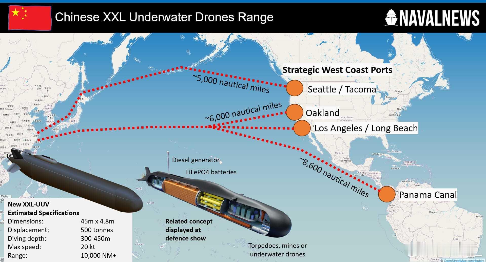 萨顿在《海军新闻》发文说中国研制的新型超大型水下潜航器能够威胁美国西海岸。广袤的