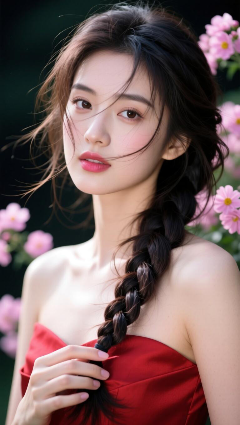 甜美少女风，红裙与花海相映成趣，优雅迷人！🌸💖