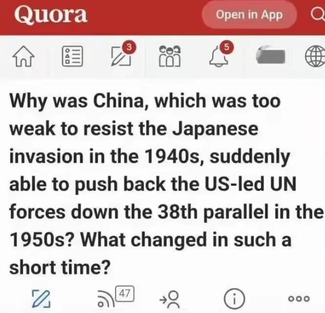 外网的网友在美版知乎上灵魂发问：“为什么中国在20世纪40年代太弱而无法抵抗日本