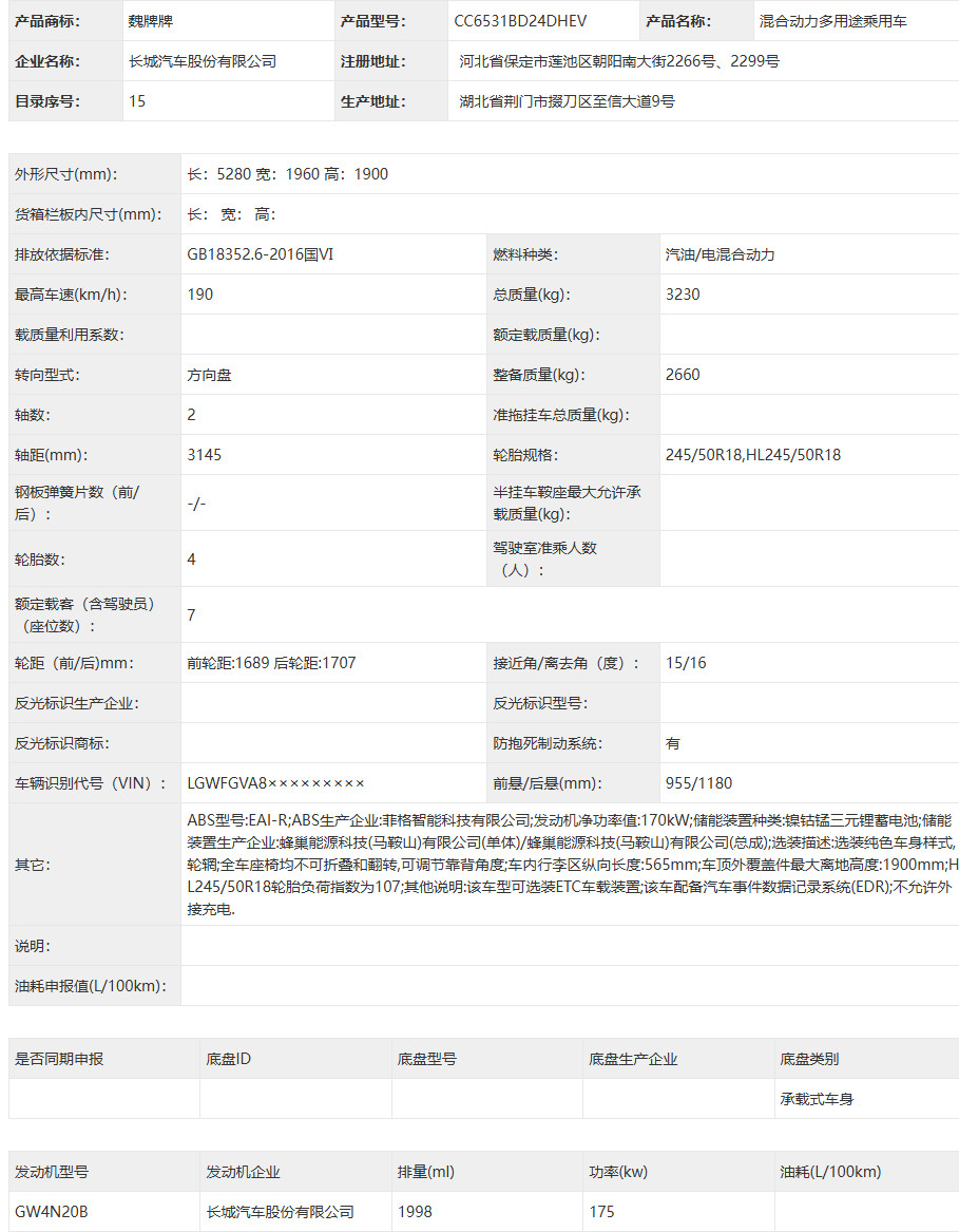 【长城魏牌全新高山8申报：前脸设计焕新，Hi4混合动力】长城魏牌全新高山