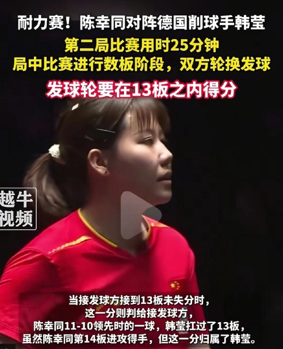 陈幸同今天在对阵德国选手韩莹中，攻削大战采用了轮换发球法，因为第二局比赛用了25