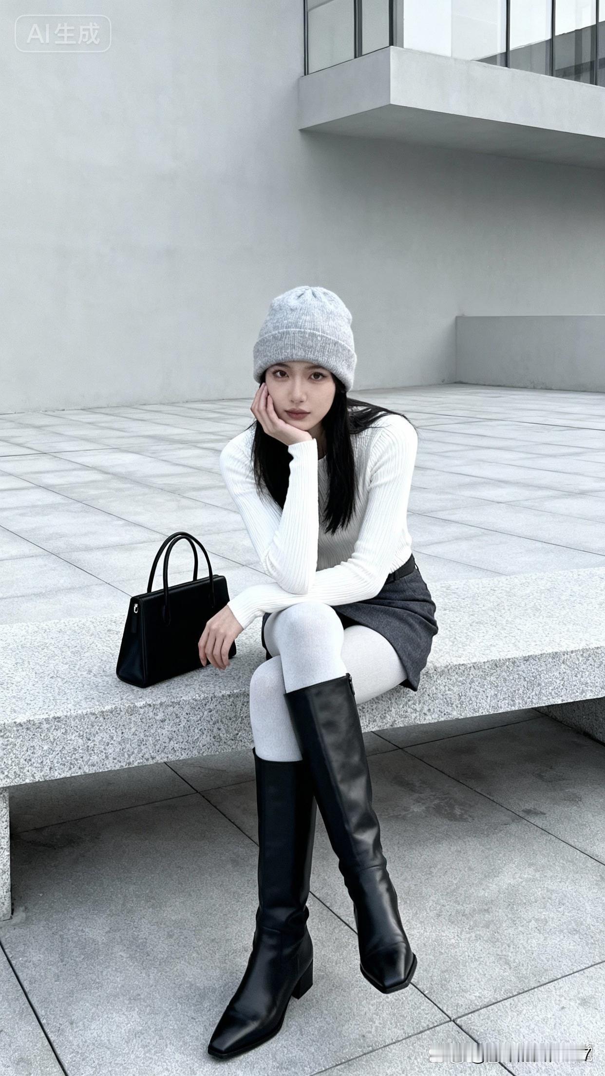 冬天穿得温暖又时尚其实不难，灰色针织衫配黑色长靴就是绝佳组合。灰色针织衫自带高