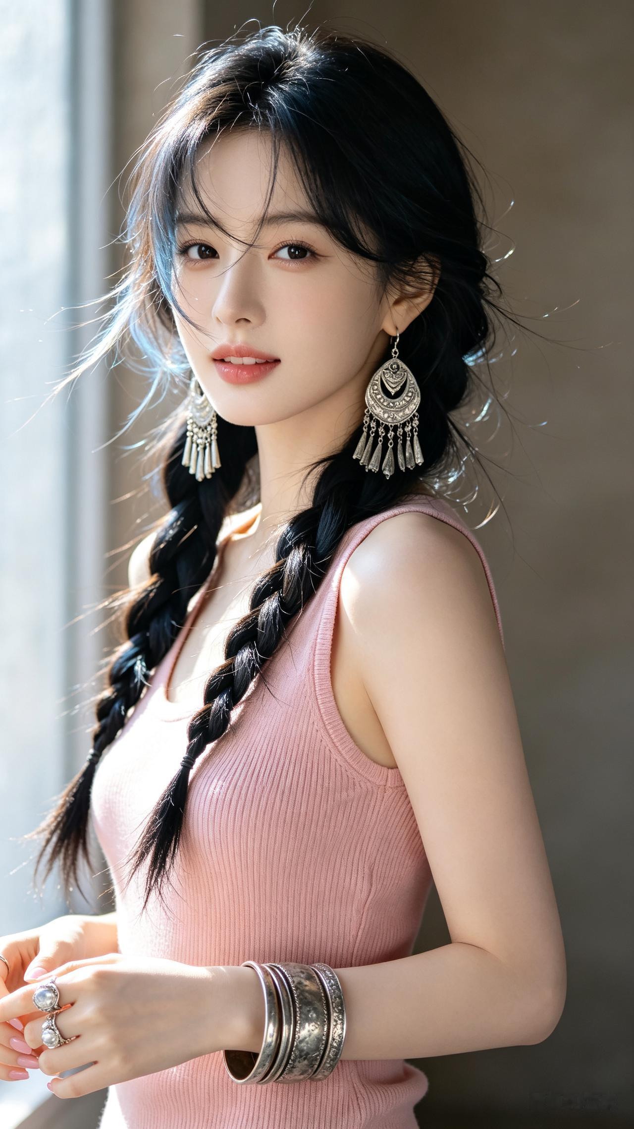 东方女子立于窗边自然光下，黑长发一侧松散三股辫垂肩，发丝泛丝缎光泽。粉色哑光无袖