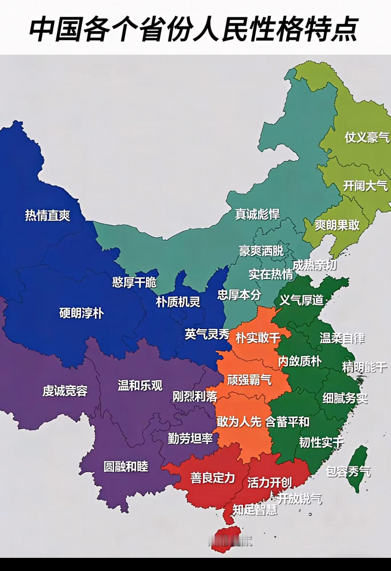 中国各省份人民的主要性格特点。整体上呈现出一种“多元一体”的格局：北方省份多被赋