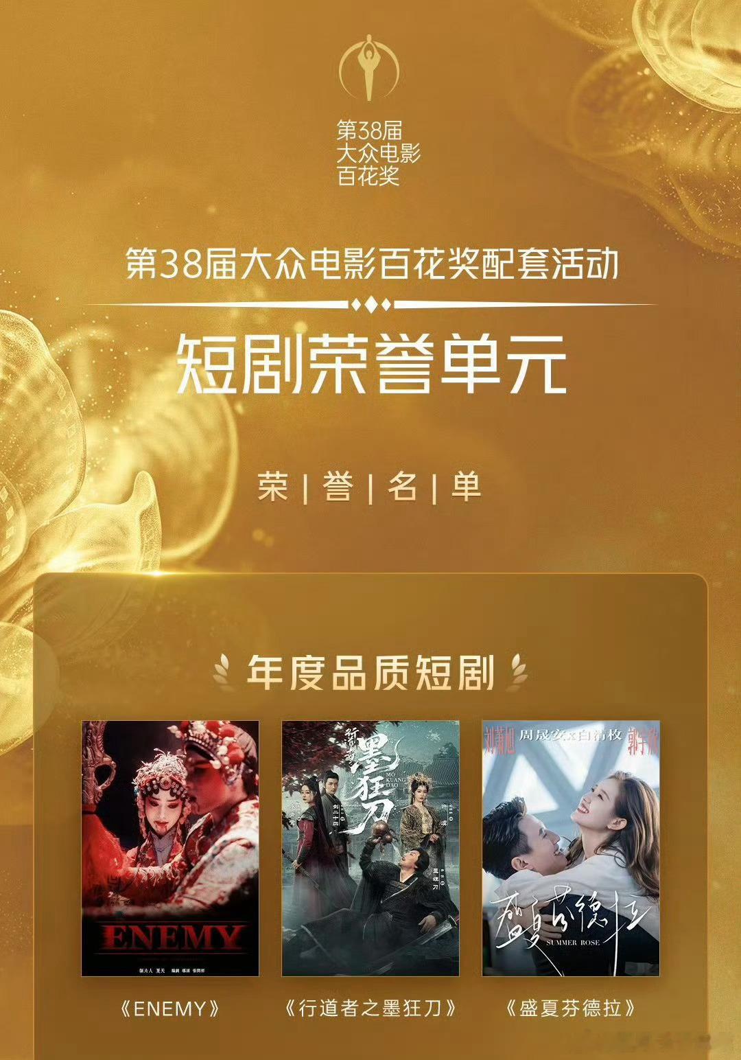 第38届大众电影百花奖优秀短剧作品名单1、年度品质短剧《ENEMY》夏天妹妹