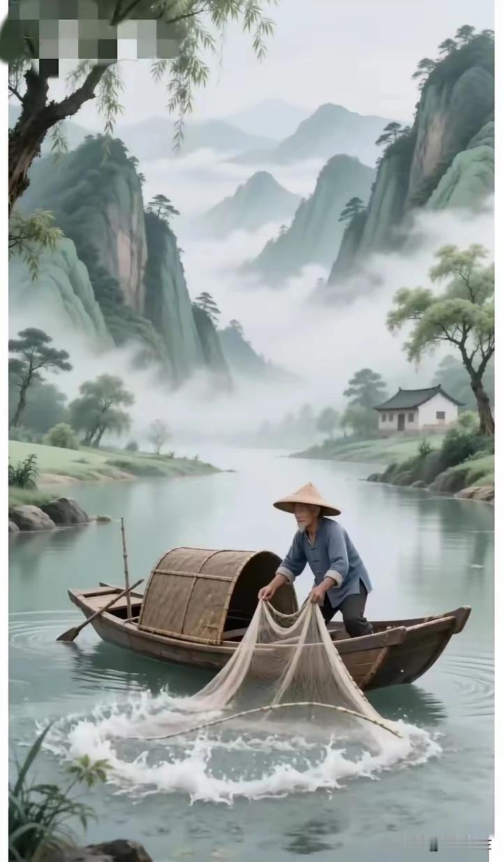 上联:雾锁江天收晚网下联:雨过天晴早渔樵