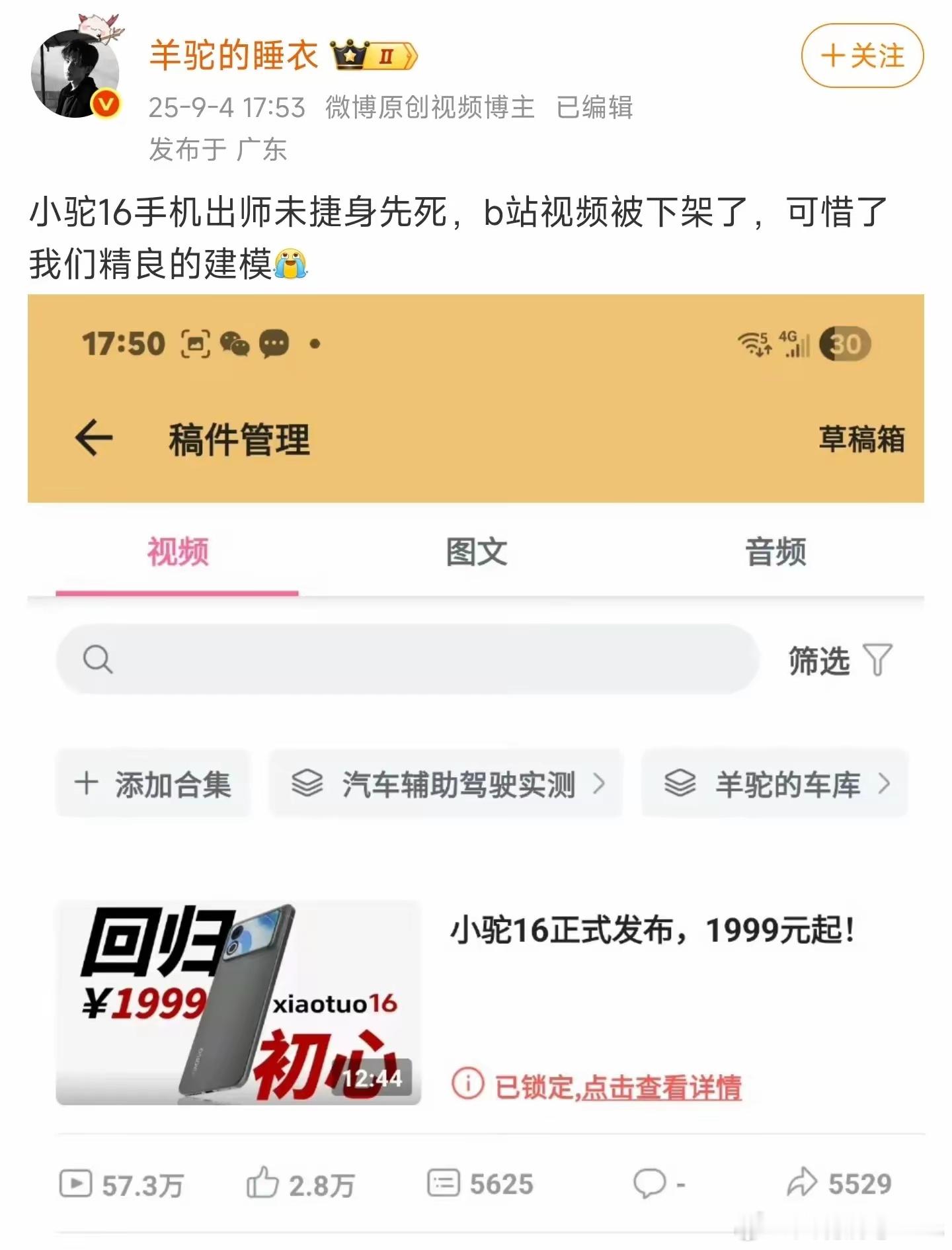 大V羊驼发文表示，B站视频被下架了…​​​