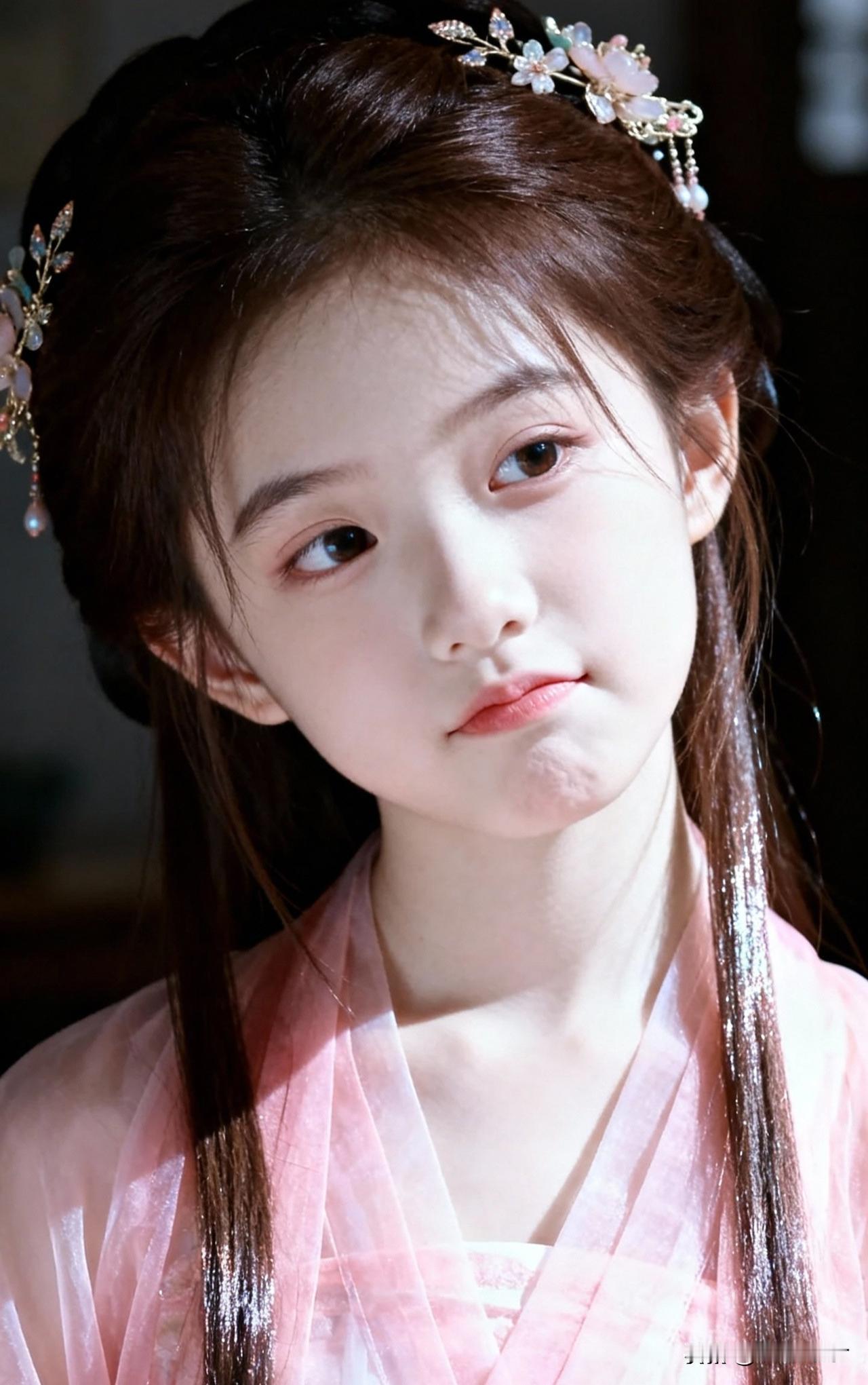 粉衣美人倚，花簪映春光。