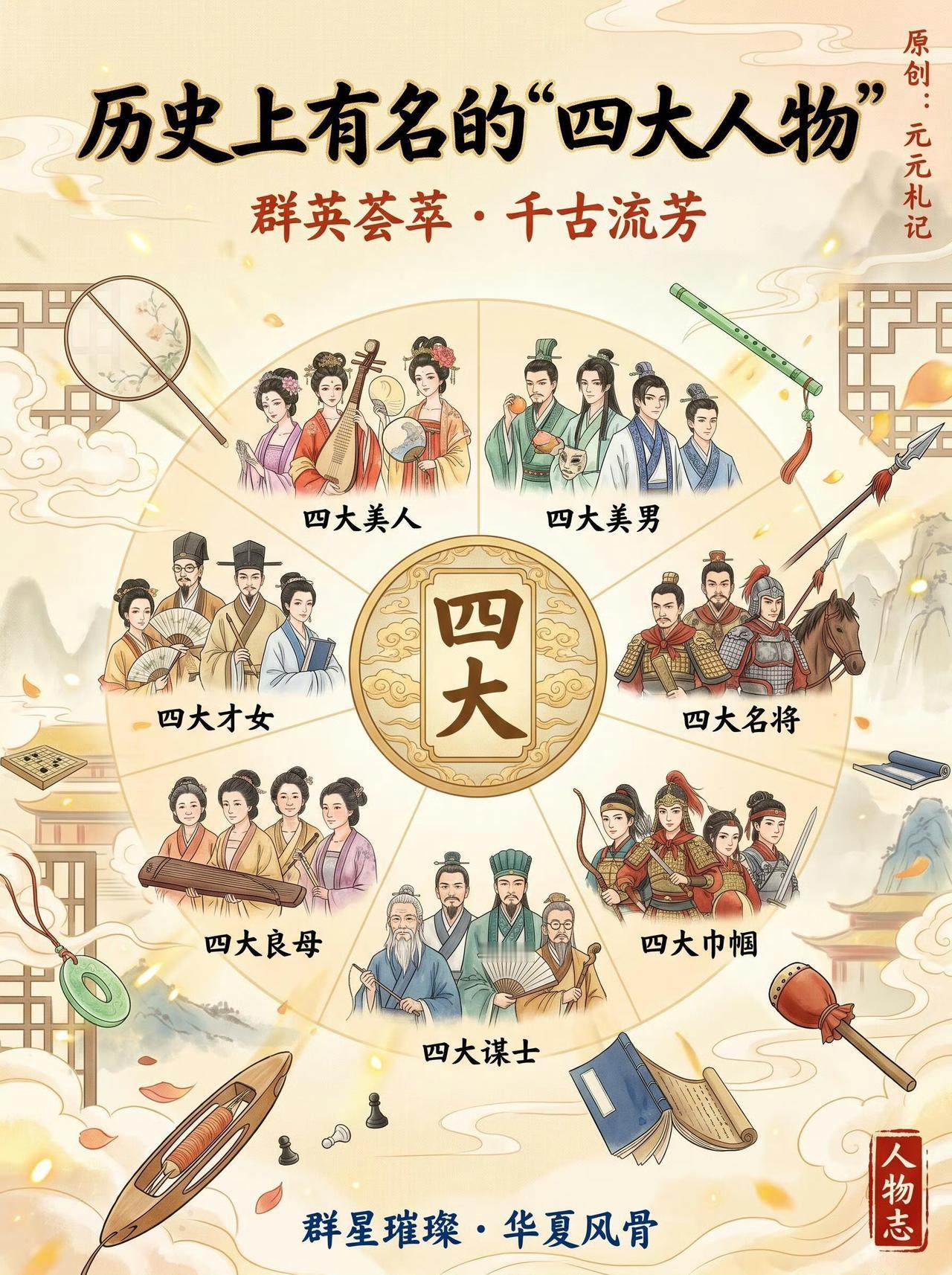 华夏历史八类“四大人物”中华上下五千年，能人辈出，分成八类“四大名人”，集