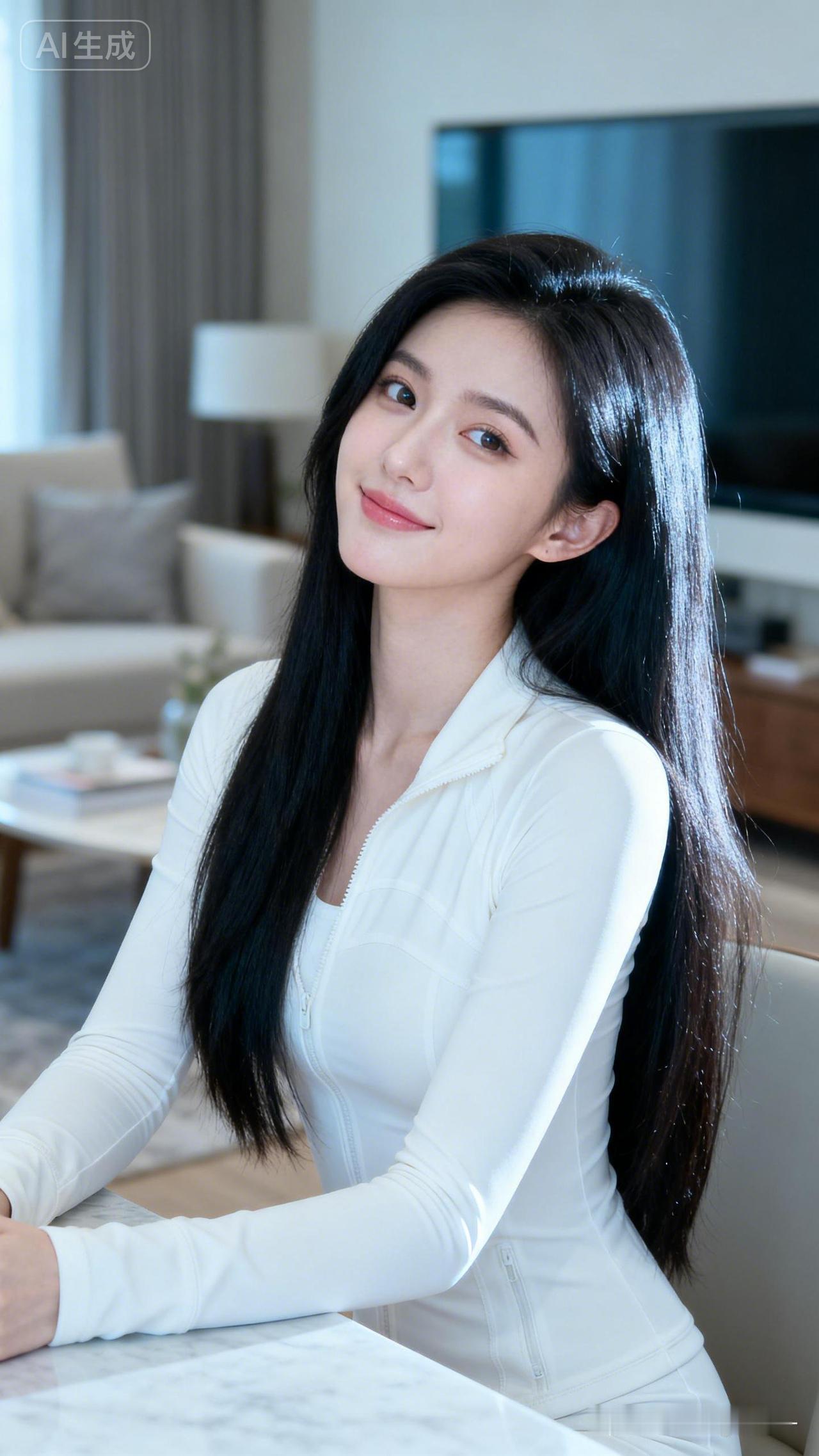 美皮肤光滑有光泽，黑长发瓜子脸，三庭五眼高颜值。乳白修身装显完美身材。她歪头慵懒