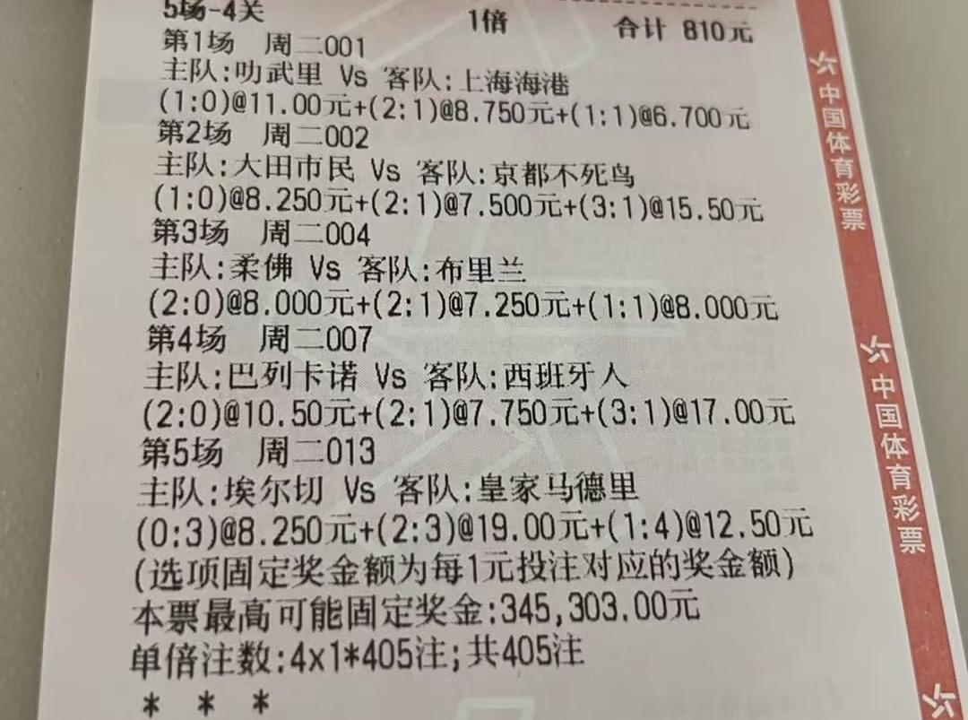 看了一圈，这位大哥今天的彩票是最可惜的。810元的彩票，猜的是比分，5场比赛就