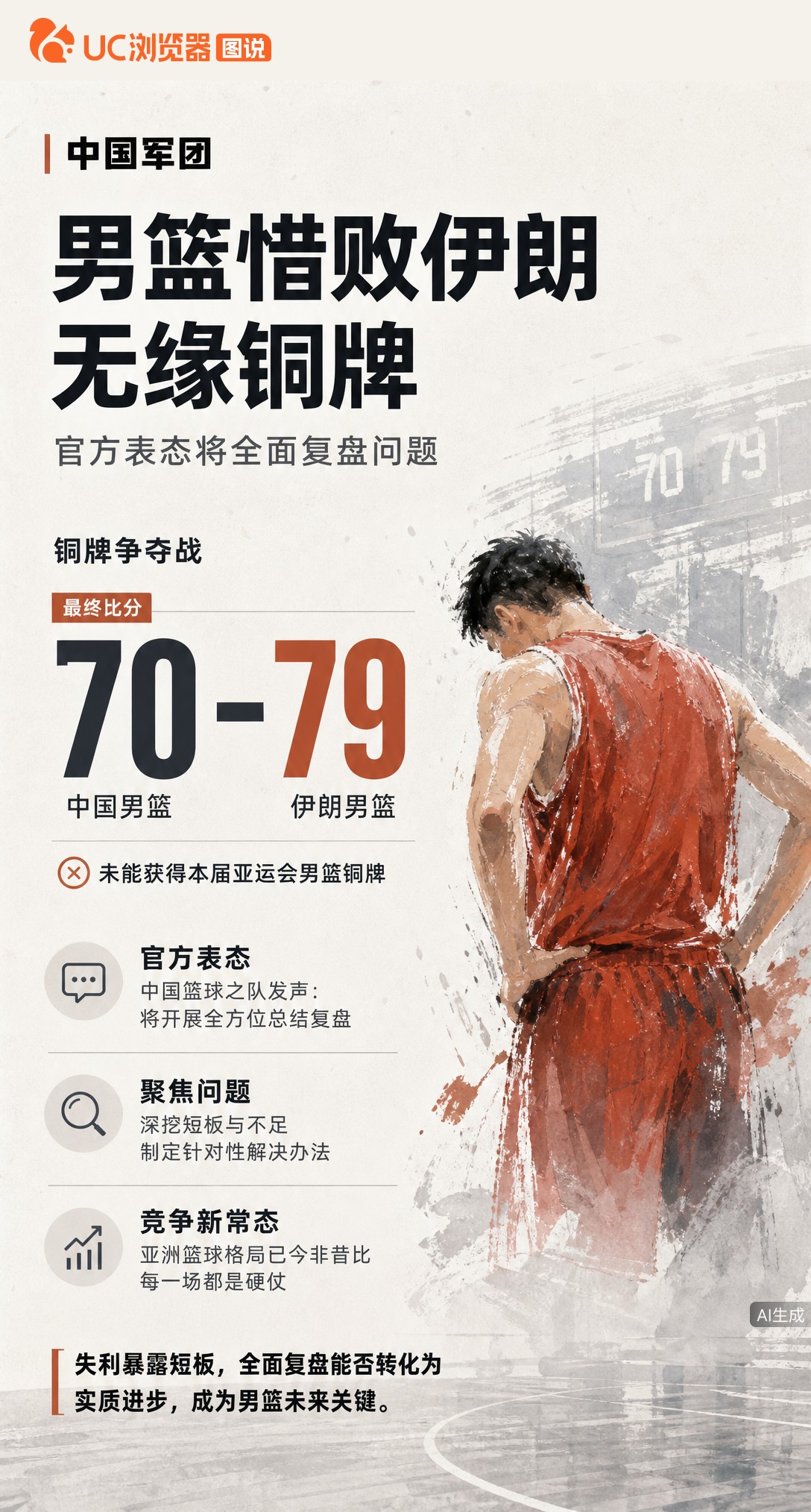 70-79惜败伊朗，中国男篮无缘亚运铜牌。官方表态将全面复盘深挖问题，但亚洲格局已变，总结能否换来实