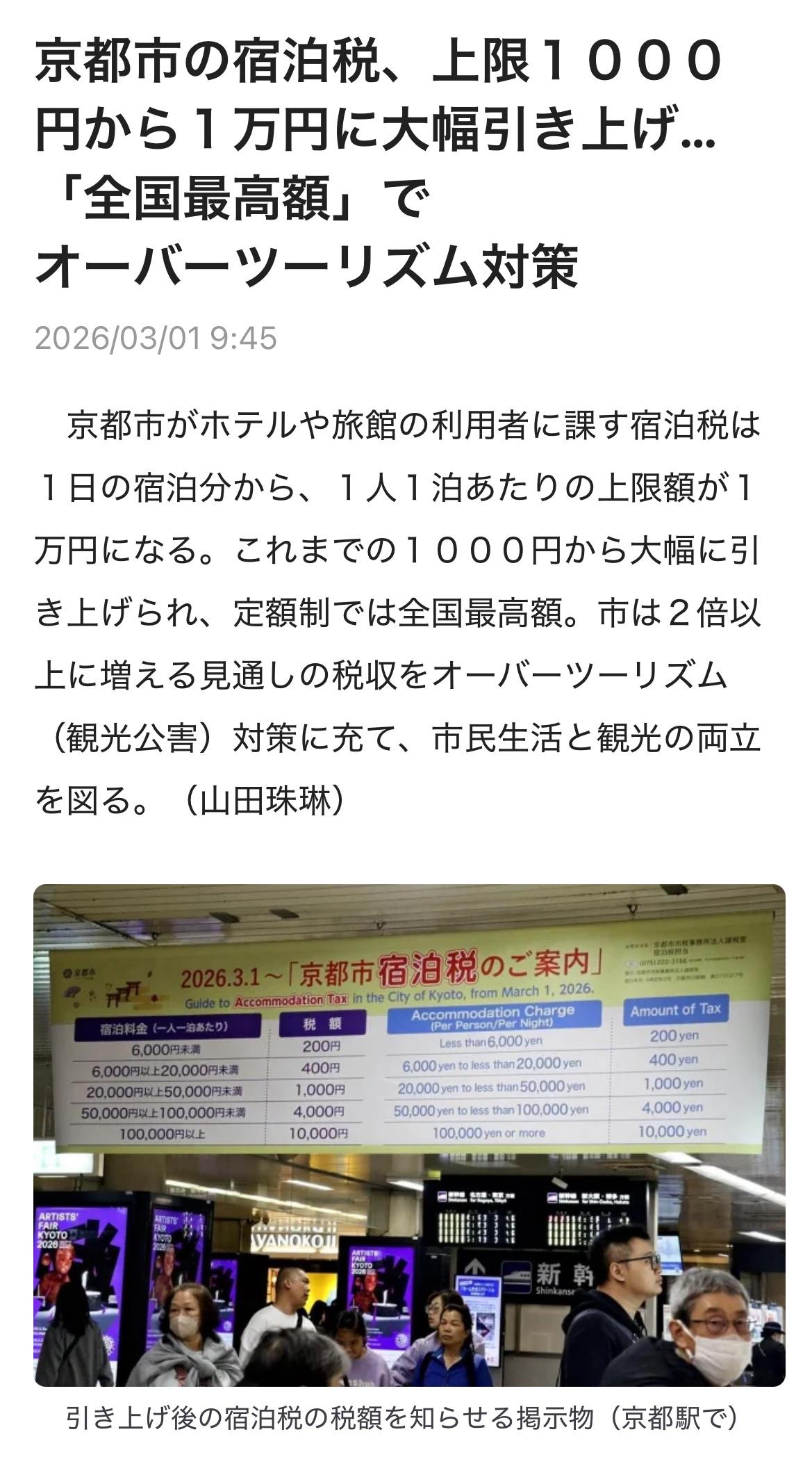 京都市针对酒店和旅馆住客征收的住宿税，每人每晚的上限将从目前的1000日元大幅提
