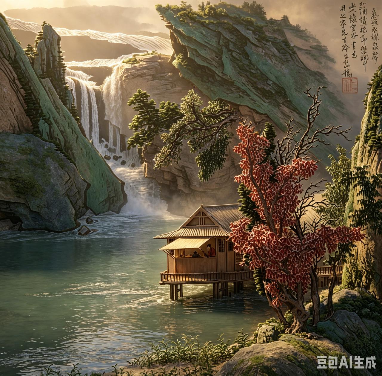 青绿撞色、红树点染，瀑布飞泻，水榭观瀑……苏仁山这画，把山水画得如此热闹鲜活！