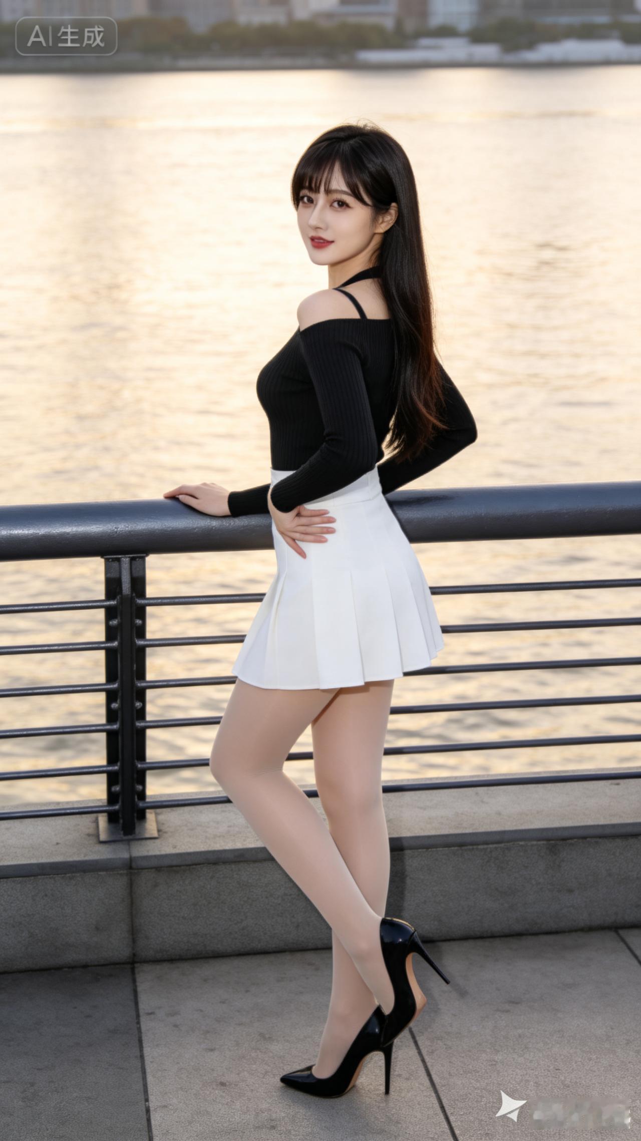 都市女孩，优雅黑白穿搭，河畔漫步，尽显时尚魅力！