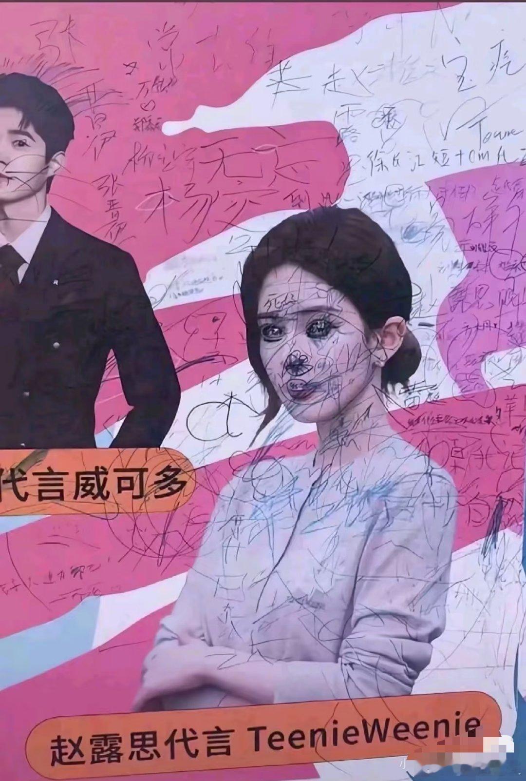 赵露思线下海报脸上被胡乱涂画，甚至脸上还被写了“si”字哪怕是不喜欢也没必要这样