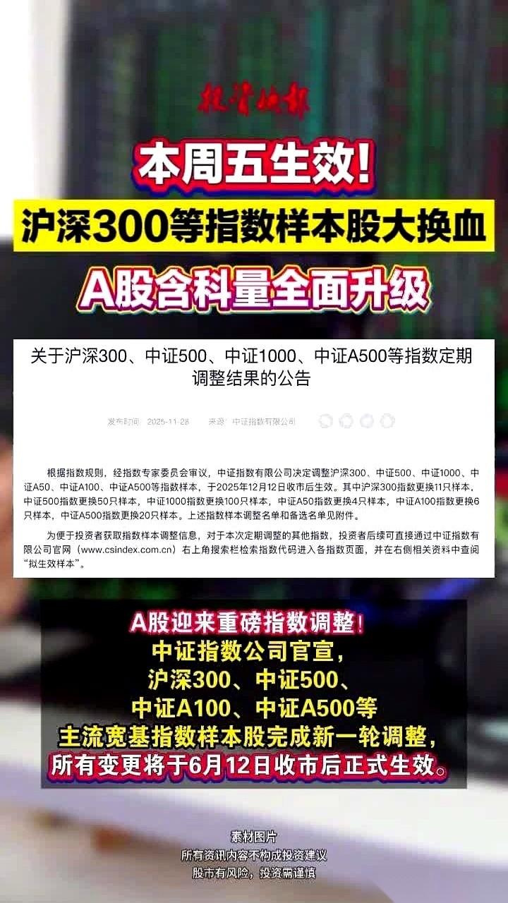 A股风向标，本周五，要大变天。沪深300指数，直接动手，换掉19个成员。中证5