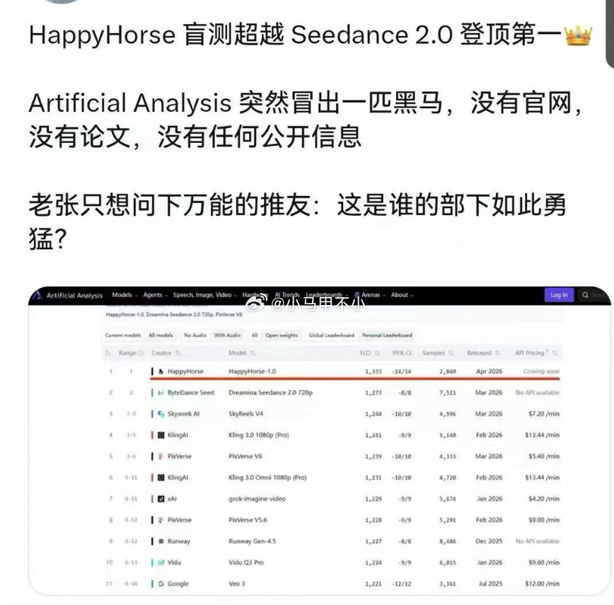 视频模型杀出一匹黑马，超过字节，盲测第一，有人说是阿里，也有人说是小米。我感觉不