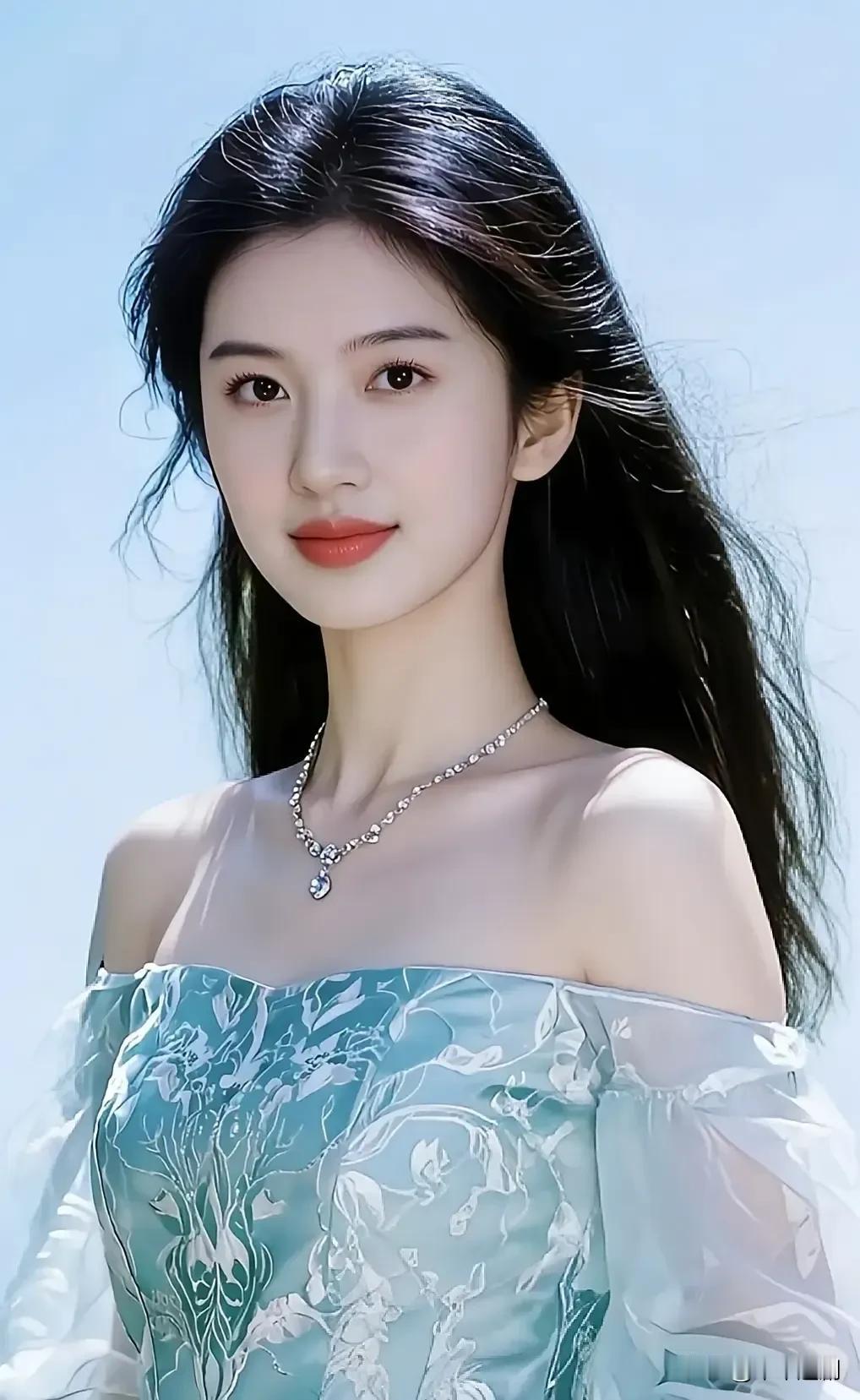 浅蓝花漾露肩裙漾着柔润光泽，钻饰颈链在晴日里轻闪。黑长卷发随微风轻扬，浅笑间，把