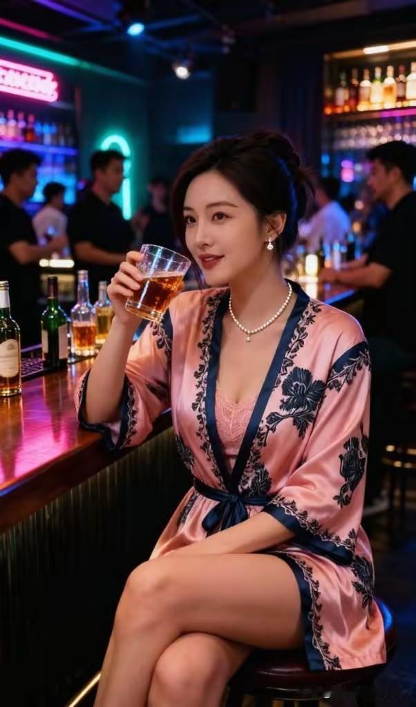 粉缎睡袍缀青花，蓝边束带衬纤腰。珍珠颈间添柔媚，玉腿轻垂映彩毫。霓虹漫洒