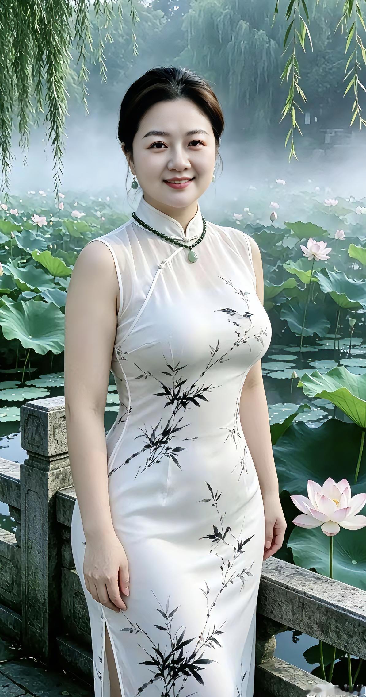 荷塘旗袍佳人一池荷香漫满塘，袅袅垂柳拂堤旁。薄雾悠悠水面荡，朵朵荷花绽芬