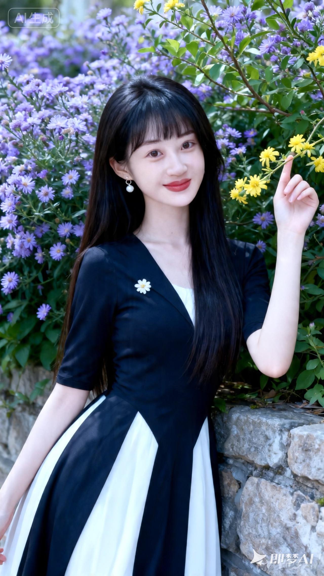 优雅黑裙少女，花丛中的甜美微笑🌸💖