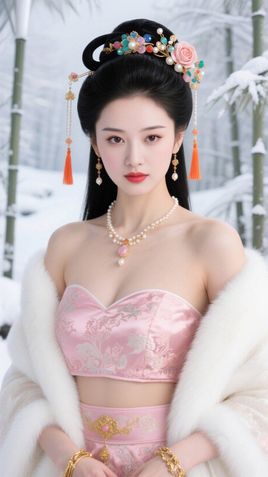 雪竹映红妆雪落千竿竹，簌簌覆清寒。她立在银装素裹的竹林间，粉裳裹雪色，白裘