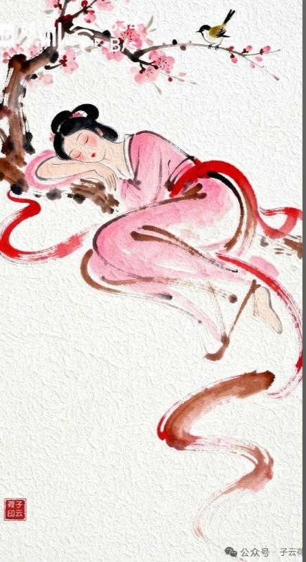 〔睡美人〕图中画面真的美；一个美女在熟睡；还有桃花一朵朵；色彩艳丽好作品