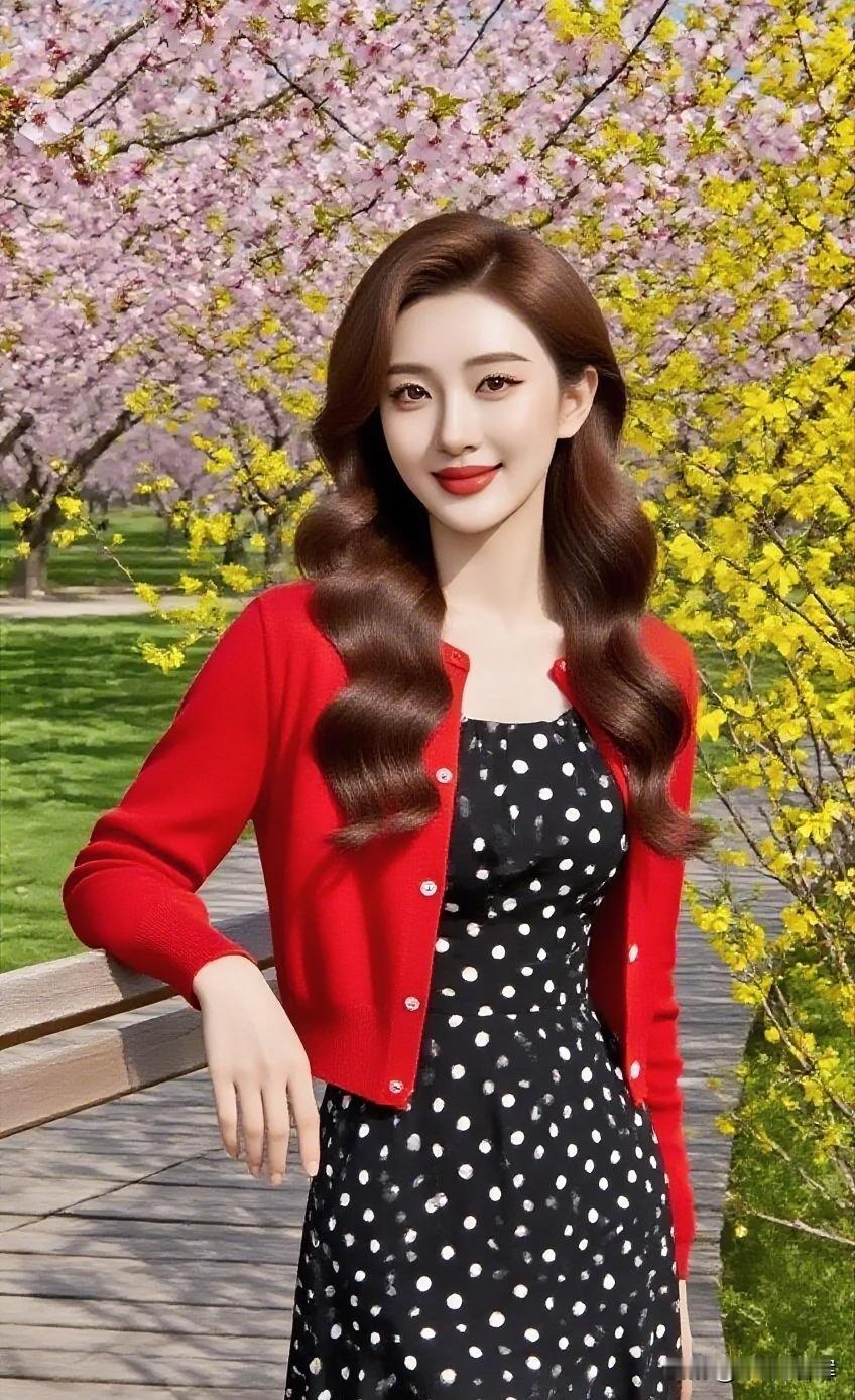 樱花漫枝，粉雾吻蓝天；黄花缀路，金缕绣春衫。红衫似火，拥住波点裙的浪漫；