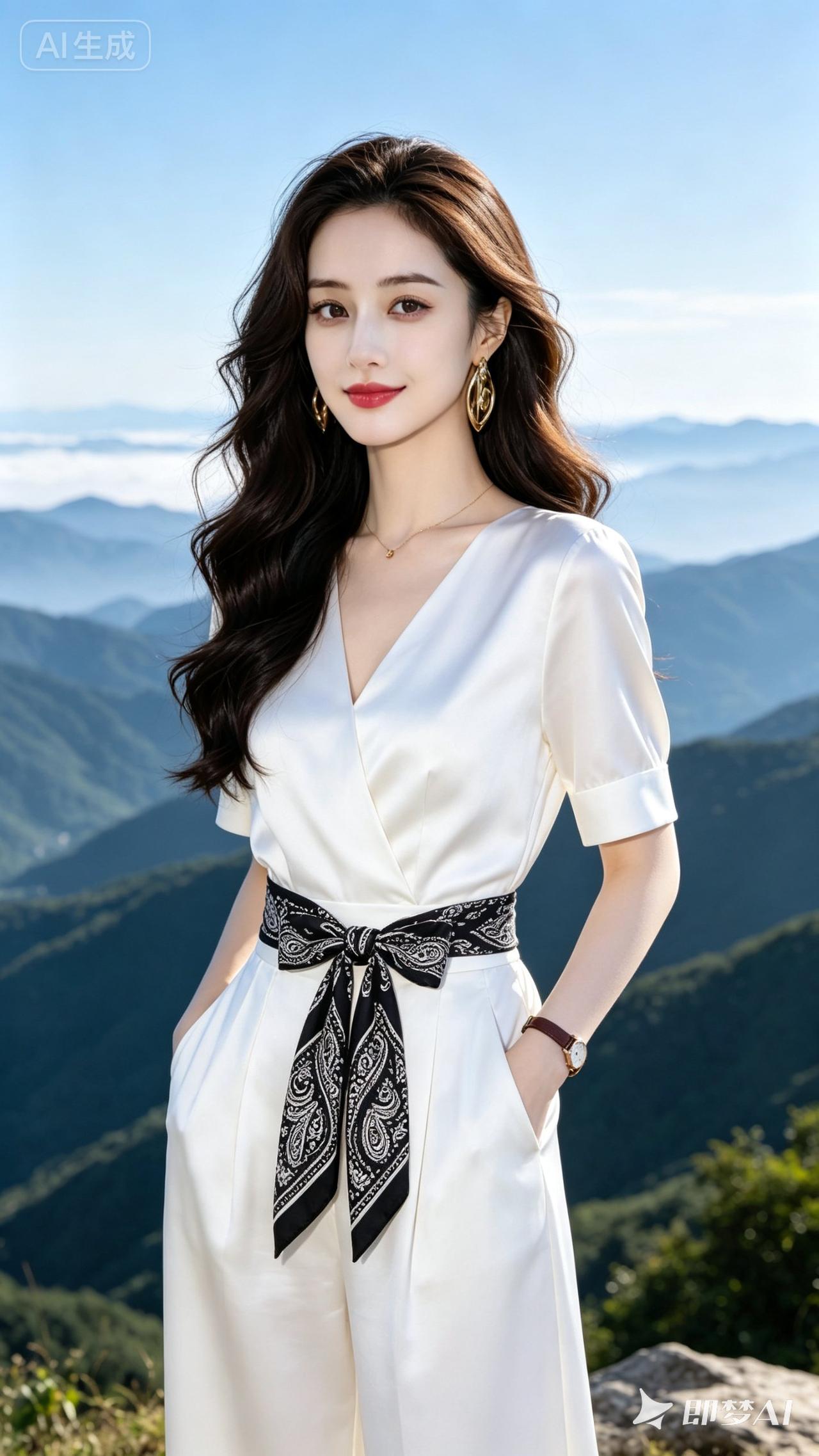 这位小姐姐穿着白色连衣裙，背景是美丽的山景。