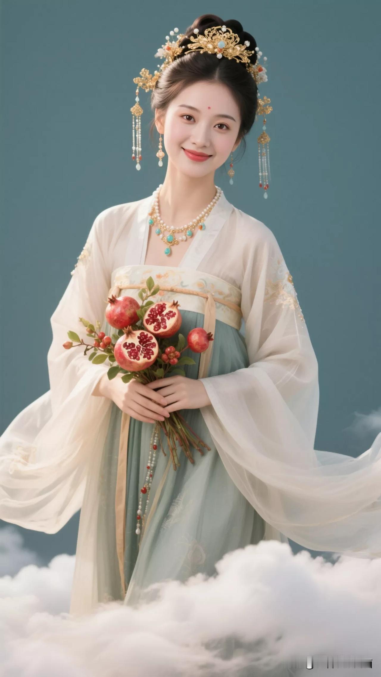 云中仙子捧花枝，笑语盈盈入画来。张立启原创书画AI作品古仕女发髻服饰集锦第681