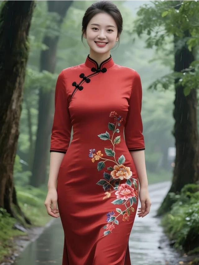 旗袍雅致衬娇容，红底牡丹韵味生。眉似春山寒远黛，眸若秋水映繁星。