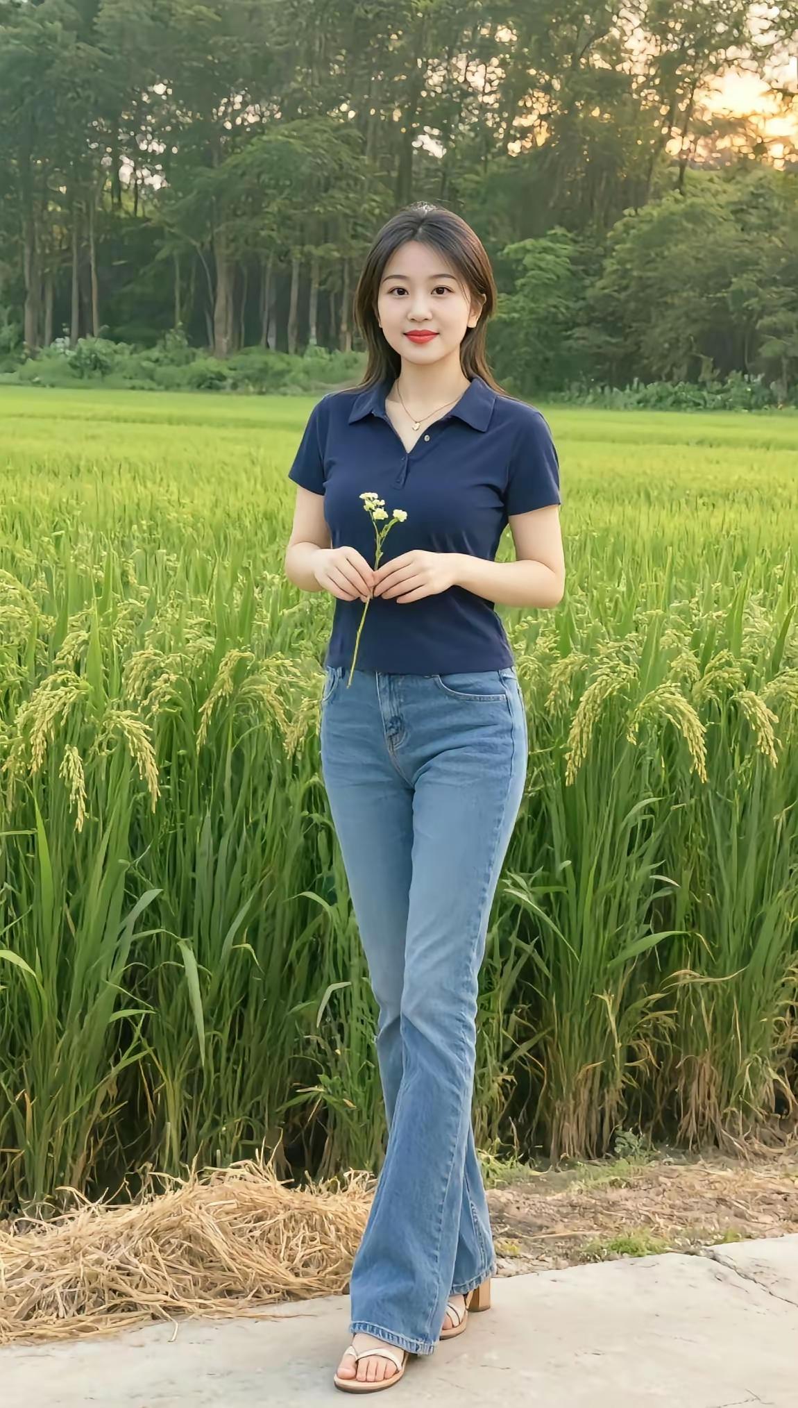 这位姑娘在田野里，手拿小花，好美啊！