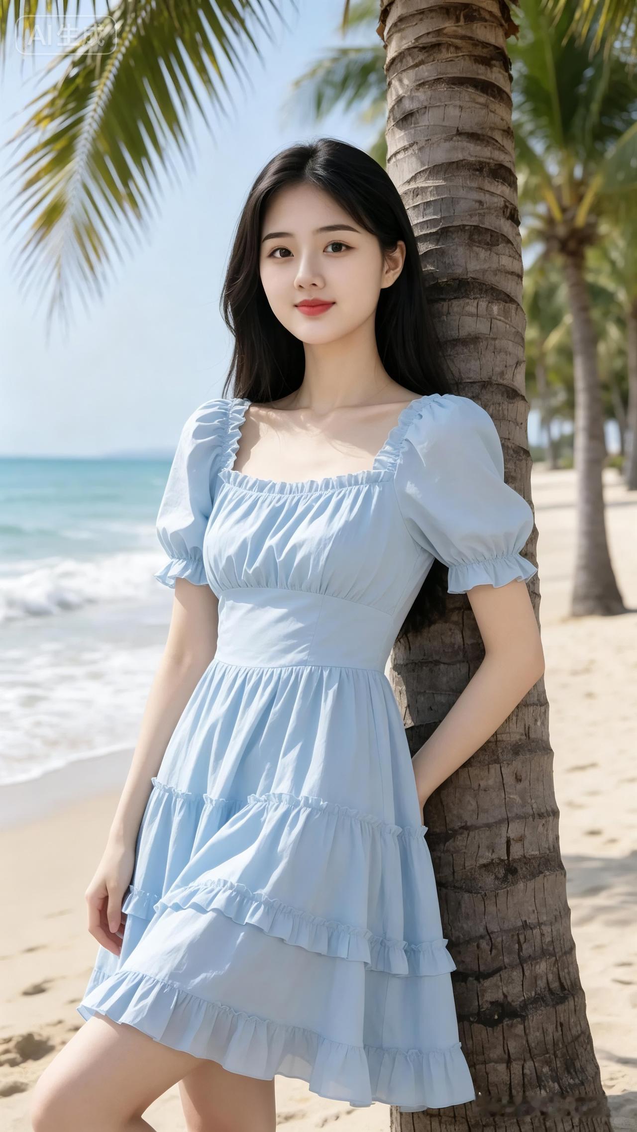 黑长发红唇少女穿浅蓝方领荷叶收腰长裙，侧身倚棕榈树干，碧海白浪沙滩晴空环绕，海风