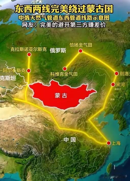 天然气管道绕过蒙古国真是一个明智的选择！虽然绕了个大弯，避开了蒙古国，乍一看好像