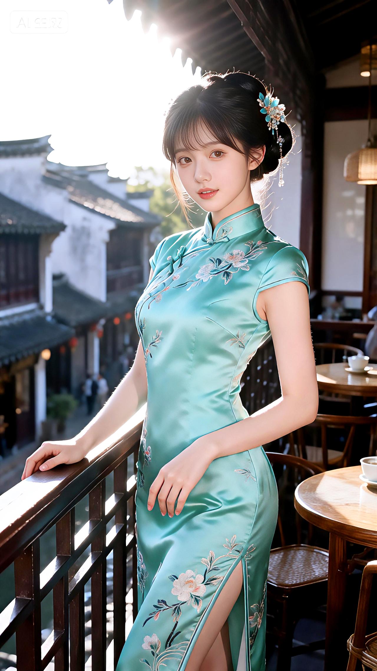 烟雨茶楼瓷青影，凭栏凝眸似江南。豆包壁纸写真