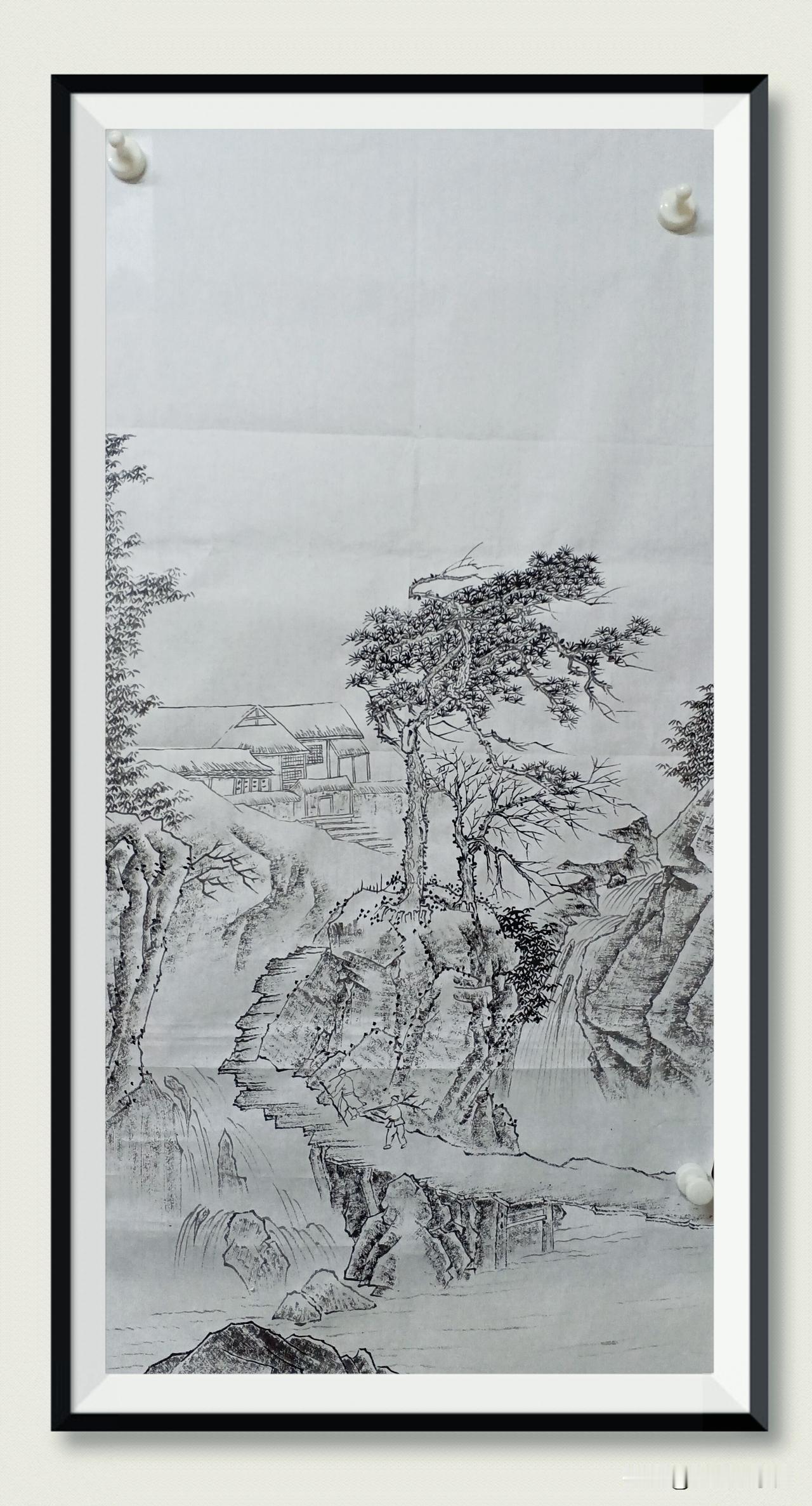 又进步一点点！明天就能画完！这幅是雪景图，现在的墨稿就挺不错了！
