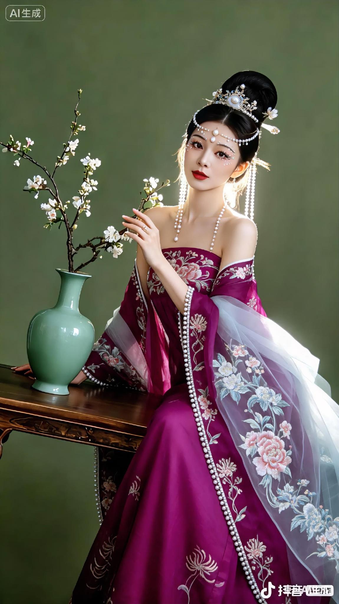 我眸含秋水，顾盼间流转着唐诗宋词的韵律，指若春葱，轻拂处勾勒出水墨山水的轮廓。